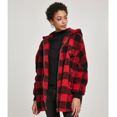 Urban Classics - TB3056 Ladies Hooded Oversized Check Sherpa Jacket - black/red