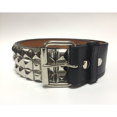 Nietengürtel - Gürtel mit silbernen Pyramidennieten - 3-Reihig - D103-1 - veganes Leder - black L