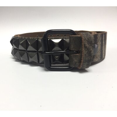 Nietengürtel - Gürtel mit schwarzen Pyramidennieten - 2-Reihig - B020D - Echtleder - stress brown XL