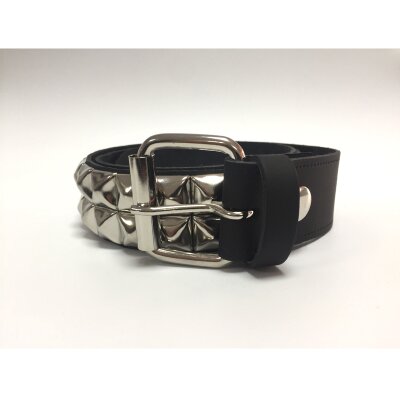 Nietengürtel - Gürtel mit silbernen Pyramidennieten - 2-Reihig - B018 - Echtleder - black XL