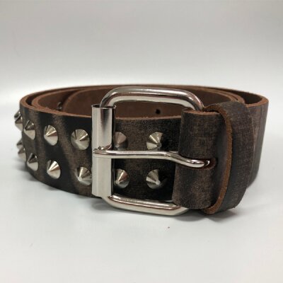Nietengürtel - Gürtel mit silbernen Spitznieten - 2-Reihig - B008- Echtleder - stress brown XL