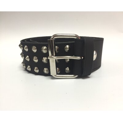 Nietengürtel - Gürtel mit silbernen Spitznieten - 3-Reihig - B009 - Echtleder - black M