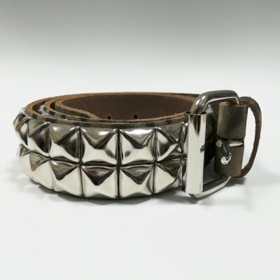 Nietengürtel - Gürtel mit silbernen Pyramidennieten - 2-Reihig - B018F - Echtleder - stress brown S