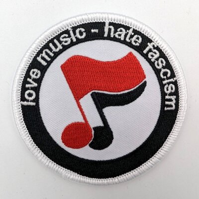 Love Music - Hate Fascism - rot / schwarz - gestickter Patch (Aufnäher)