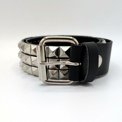 Nietengürtel - Gürtel mit kleinen silbernen Pyramidennieten - 3-Reihig -  B273 - Echtleder - black L