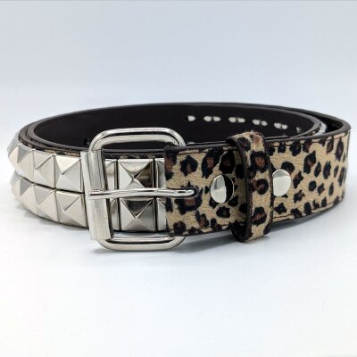 Nietengürtel - Gürtel mit silbernen Pyramidennieten - 2-Reihig - TG667PN - veganes Leder - beige leopard S