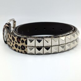 Nietengürtel - Gürtel mit silbernen Pyramidennieten - 2-Reihig - TG667PN - veganes Leder - beige leopard M