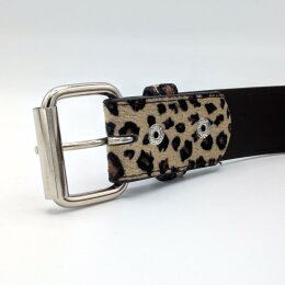 Nietengürtel - Gürtel mit silbernen Pyramidennieten - 2-Reihig - TG667PN - veganes Leder - beige leopard L