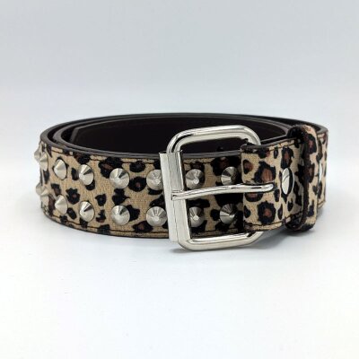 Nietengürtel - Gürtel mit silbernen Spitznieten - 2-Reihig - TG666SN - veganes Leder - beige leopard L