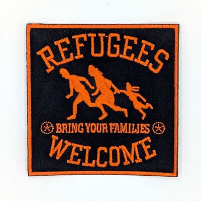 REFUGEES WELCOME - orange auf schwarz - gestickter Patch (Aufnäher)