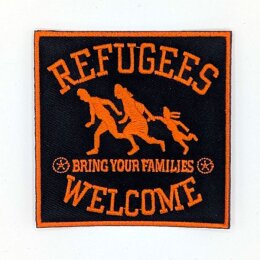 REFUGEES WELCOME - orange auf schwarz - gestickter Patch...