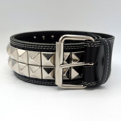 Nietengürtel - Gürtel mit silbernen Pyramidennieten und Stitching  - 2-Reihig - B359 - Echtleder - black