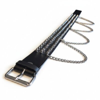 Nietengürtel - Gürtel mit silbernen Killernieten und Kette - 3-Reihig - B035 - Echtleder - black